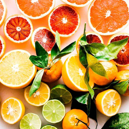 Sliced citrus fruits including oranges, lemons, limes, and blood oranges with fresh green leaves