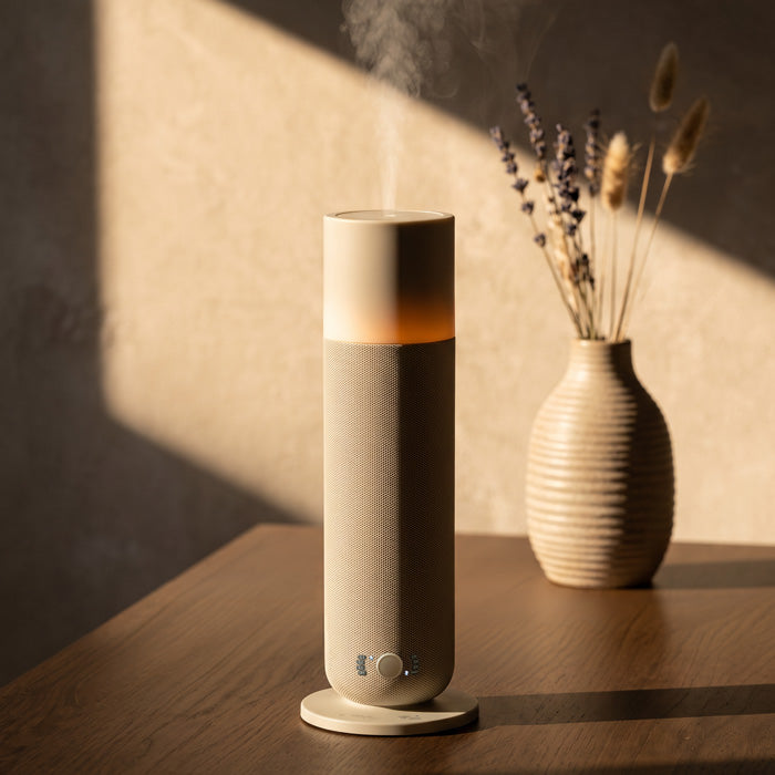 A tall cylindrical diffuser with a textured beige body and a glowing warm light near the top, shown on a wooden table with mist rising. A ribbed beige vase with dried grasses sits behind it against a sunlit wall.