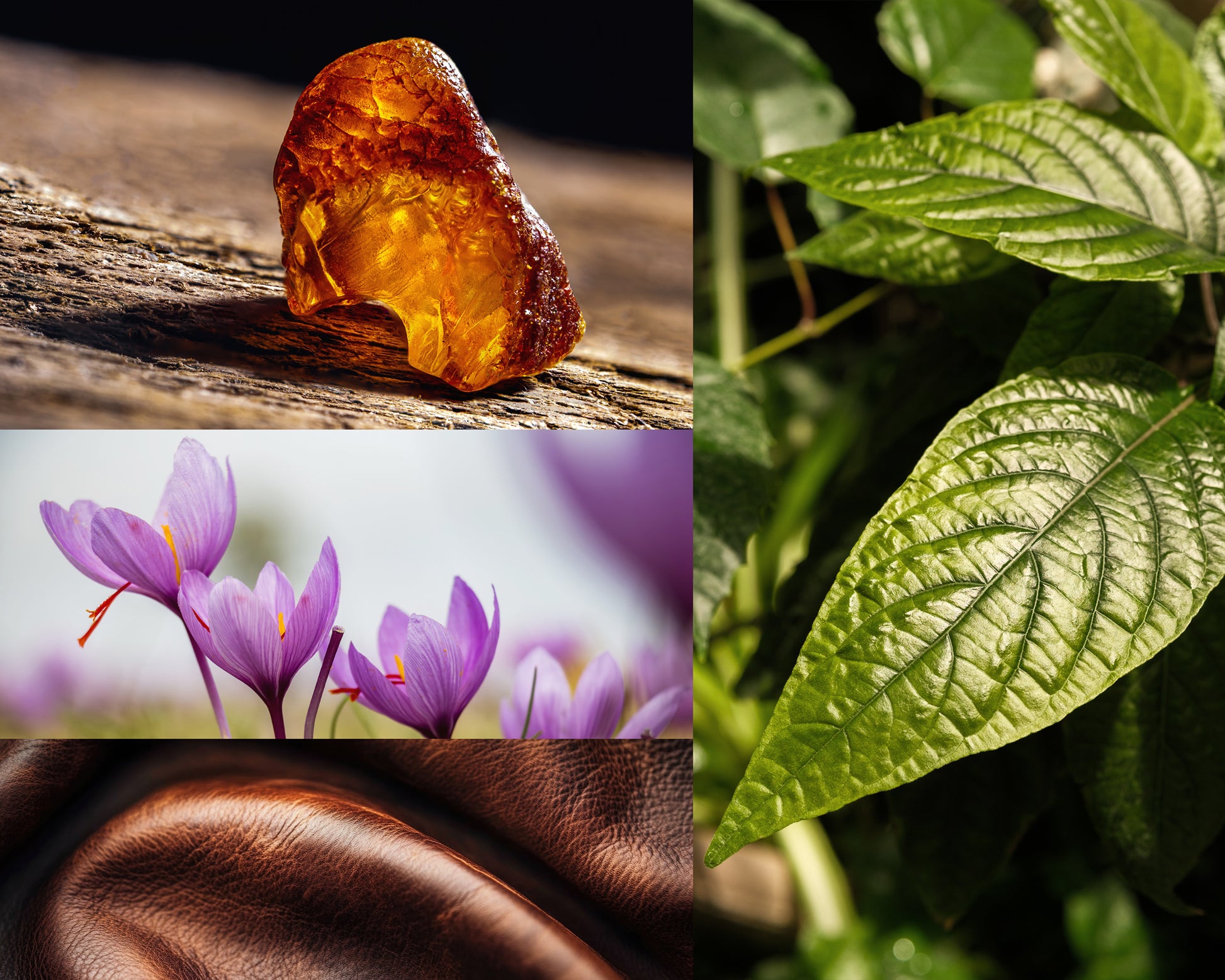 Collage of amber resin, saffron crocus flowers, green leaves, and leather texture for aroma oils