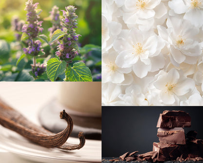 Four scent ingredients: purple basil blooms, white jasmine flowers, vanilla pods, and dark chocolate chunks for aroma oils blending.