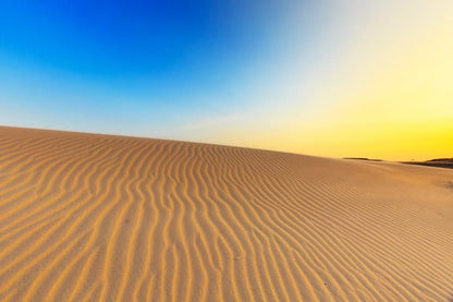 Golden sand dunes at sunset with a vivid blue and yellow sky
